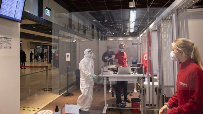 A Covid-19 testing station at Berlin-Brandenburg Airport, in Schoenefeld, Germany. Extra admin aside, it’s actually a beautiful time to see the world. Picture: Getty