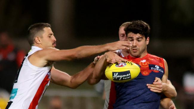 Christian Petracca kicks a goal during the round-14 AFL match between his Melbourne Demons and the St Kilda Saints at Traeger Park. Picture: Kelly Barnes/Getty Images