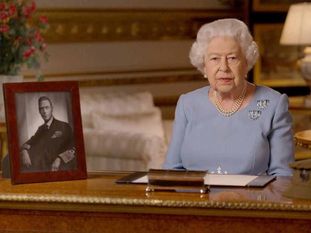 A picture of the Queen’s father, King George VI, was visible during the broadcast. Picture: Buckingham Palace via Getty Images