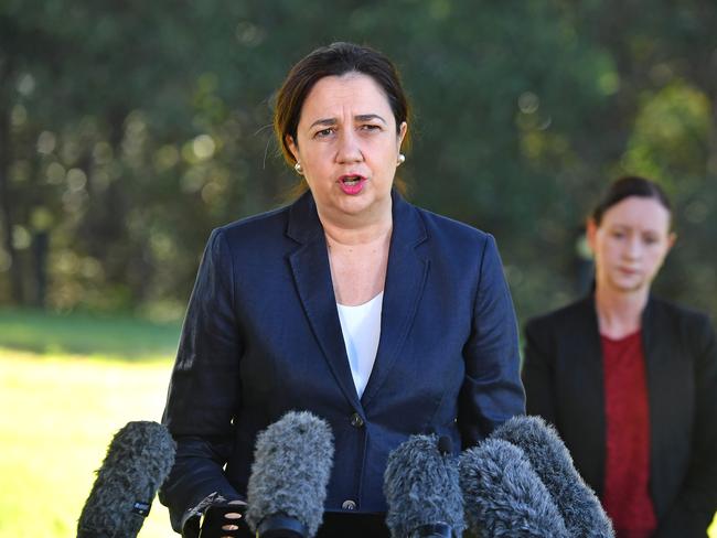 Premier Annastacia Palaszczuk addresses the media on Monday in Seventeen Mile Rocks. Picture: NCA NewsWire / John Gass