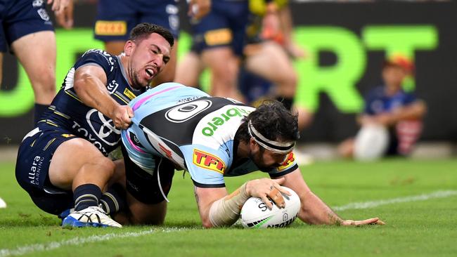 Aaron Woods scores for the Sharks. Picture: NRL Photos