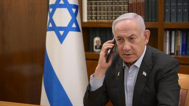 Israeli Prime Minister Benjamin Netanyahu on the phone with US President-elect Donald Trump. He thanked Mr Trump for his assistance in advancing the release of the hostages. Picture: X