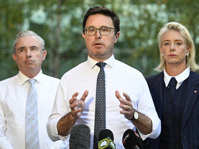 CANBERRA, AUSTRALIA  - NewsWire Photos - MAY 12, 2025: Leader of The Nationals, David Littleproud, Kevin Hogan and Bridget McKenzie hold a press conference at Parliament House in Canberra. Picture: NewsWire / Martin Ollman
