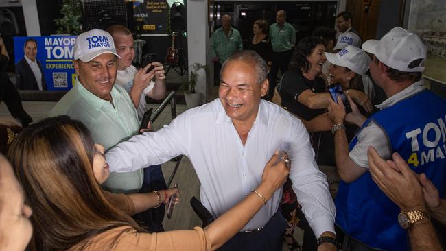 Gold Coast Mayor Tom Tate celebrates his election win with wife Ruth and supporters at the Southport Bowls Club. Picture: Nigel Hallett