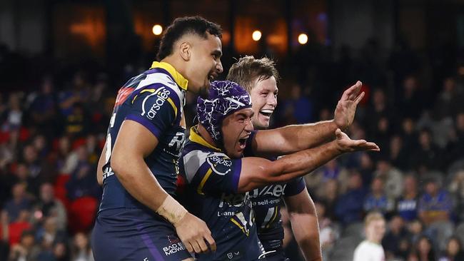 Jahrome Hughes brings out the Hadouken from Street Fighter in his try-scoring celebration. Picture: Getty Images.