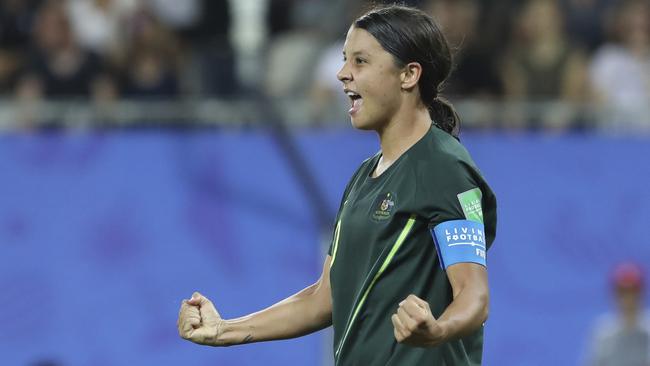 Australia’s Sam Kerr celebrates her fourth goal in the Matildas’ 4-1 win over Jamaica at Stade des Alpes stadium in Grenoble, France. Picture: AP
