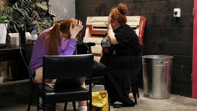 Sydney Theatre Company cast members Mabel Li and Megan Wilding at the stage door of the Roslyn Packer Theatre, Sydney. Picture: The Australian/Jane Dempster