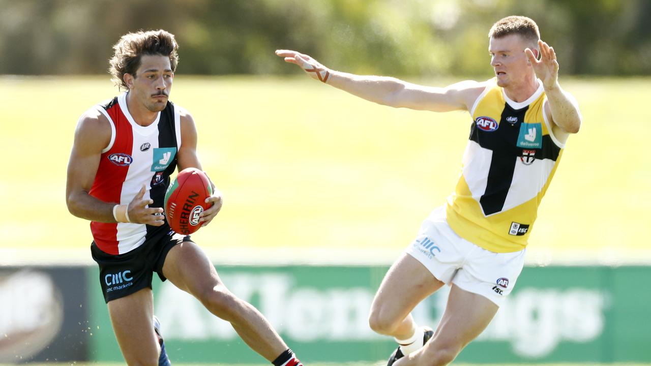 Ben Long runs with the ball during St Kilda’s intra-club match. Picture: Darrian Traynor/AFL Photos/Getty Images