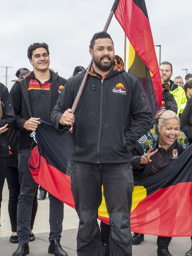 (from left) Warren Draper, Nathan Gaulton and Lizzie Adams. NAIDOC Week march in Toowoomba. Monday, July 4, 2022. Picture: Nev Madsen.