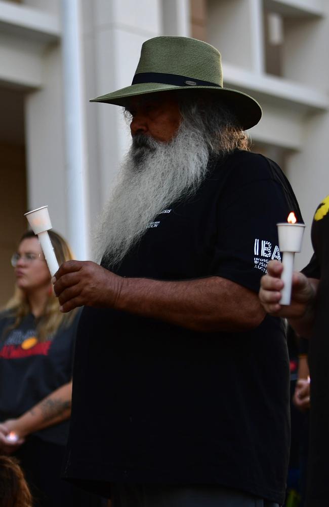 Hundreds of Top End residents gathered outside the NT Parliament on Wednesday during a vigil for Kumanjayi White, a 24-year-old Warlpiri man with a disability who died after being restrained by police in the Alice Springs Coles. Picture: Zizi Averill
