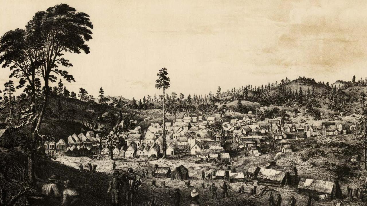 Mining camp during the California Gold Rush in the US around 1850.