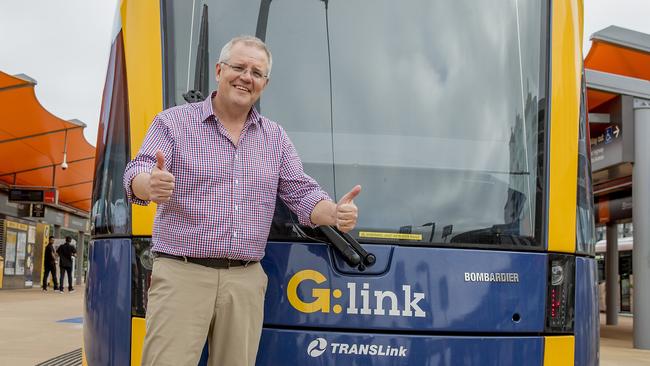 Prime Minister of Australia, Scott Morrison with a tram yesterday Picture: Jerad Williams