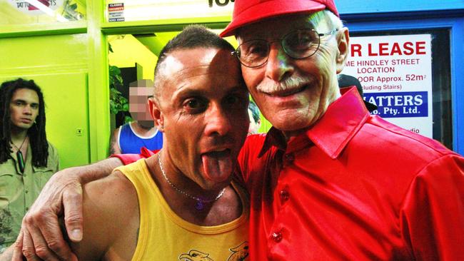 Focarelli with father Giuseppe at the front of his Hindley Street tattoo parlour in March, 2009.