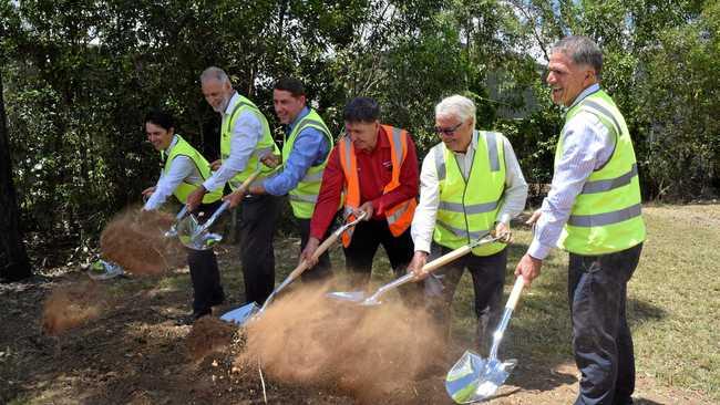 START OF SOMETHING NEW: Dignitaries and Hyne officials turn the first sod at the site that will become Hyne Timber's glue laminated plant by the end of the year. Picture: Blake Antrobus