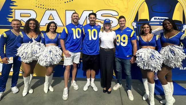 Broncos players Kurt Capewell and Jesse Arthars joined assistant coach Matt Ballin at an LA Rams game. Photo: Supplied