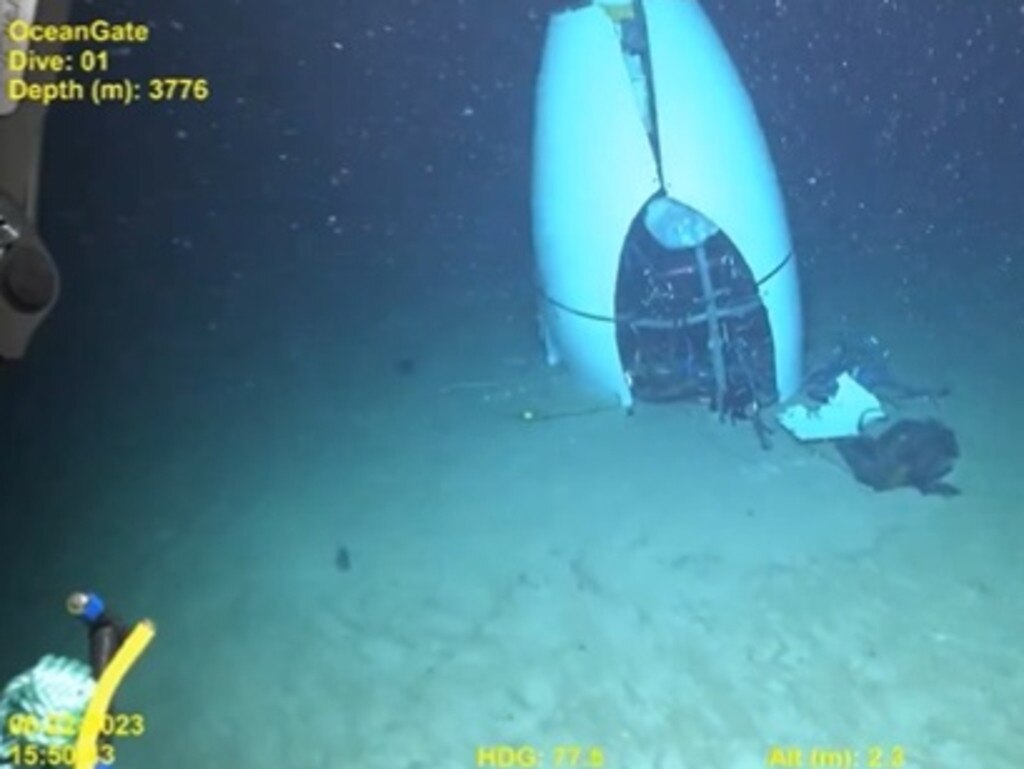 Footage shows the Titan submersible’s tail cone after fatal implosion in June 2023.