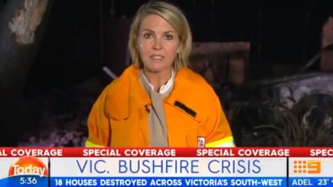 Where there’s smoke ... Georgie Gardner covering the bushfires for Today this morning. Picture: Channel 9/Today