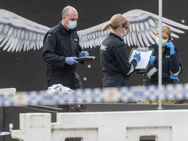 Police at Sweet Lulu cafe in Keilor where Preston was gunned down. Picture: Tony Gough