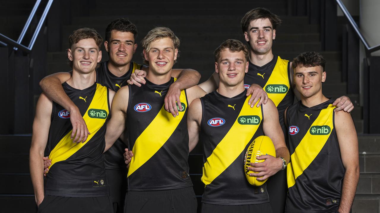 Richmond’s 2024 first round picks (L-R) Luke Trainor, Harry Armstrong, Josh Smillie, Sam Lalor, Jonty Faull and Taj Hotton. (Photo by Daniel Pockett/AFL Photos via Getty Images)