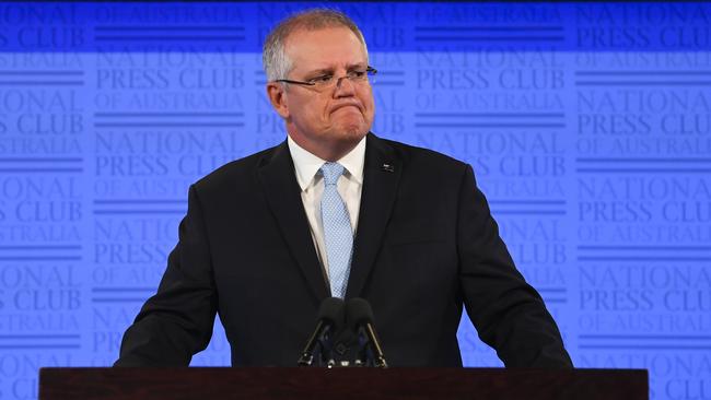 Australian Prime Minister Scott Morrison addresses the National Press Club in Canberra yesterday. Picture: AAP