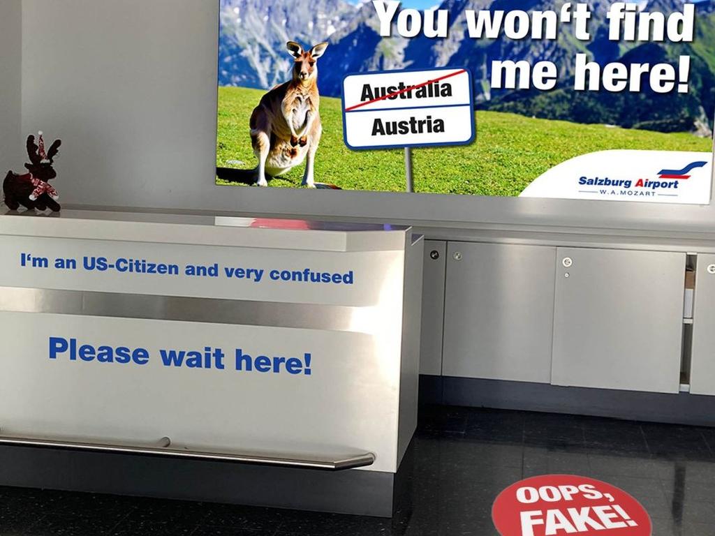 Salzburg Airport shared this mock-up of a help counter, confirming no such thing existed for travellers who thought Austria was Australia.
