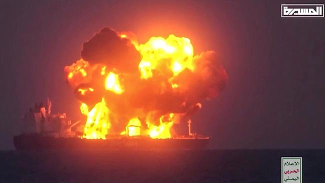 The Greek-owned oil tanker Sounion on fire in the Red Sea after being attacked by Houthis. Picture: AFP.