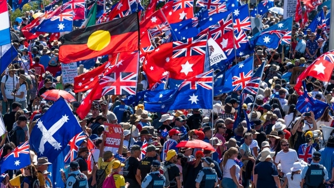 Dozens of flags were displayed during the demonstration. Picture : NCA NewsWire / Martin Ollman