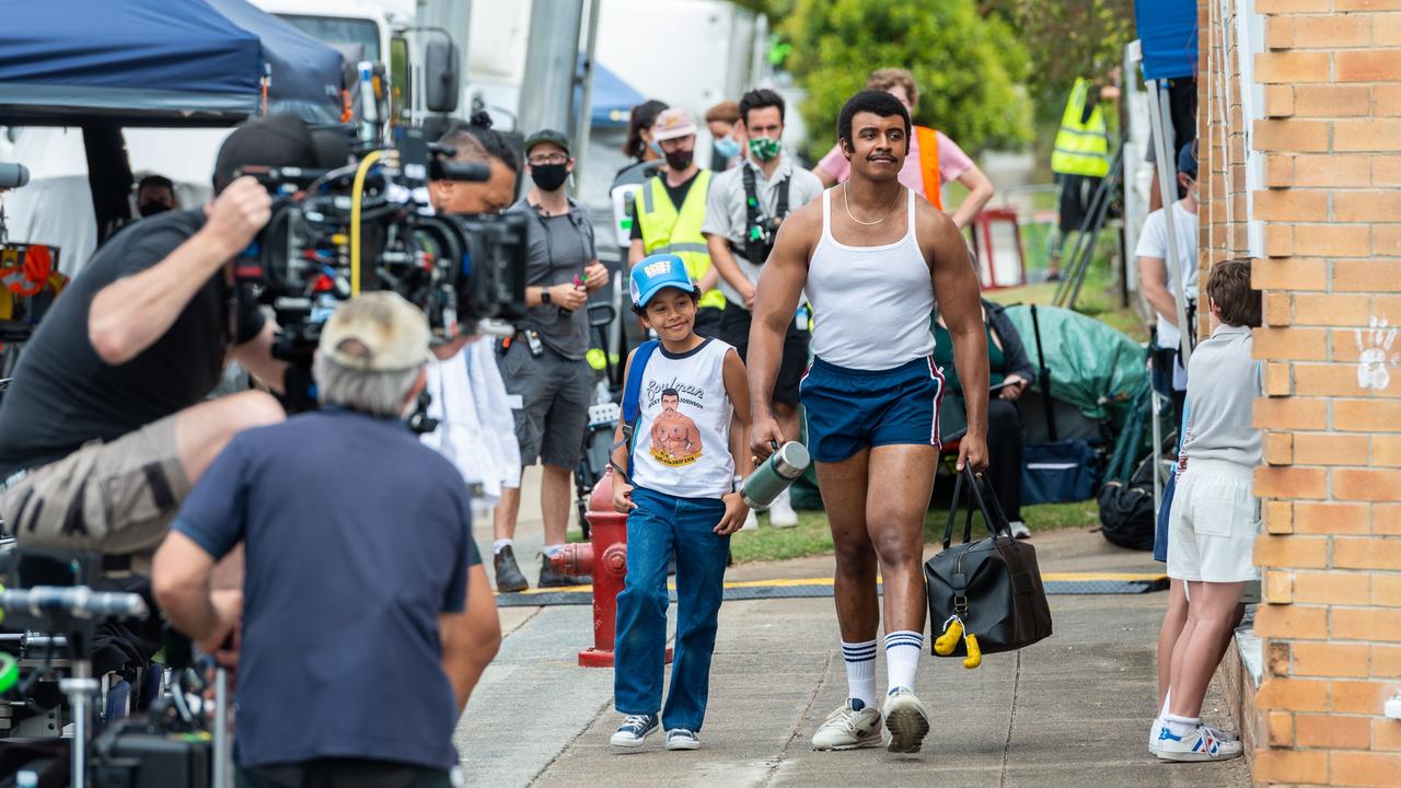 Young Rock actors Adrain Groulx and Joseph Lee Anderson in Wynnum, Brisbane. Picture: Nigel Wesley