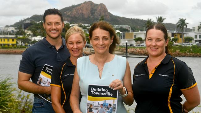 Townsville Mayor Jenny Hill and some Team Jenny Hill members Ben Fusco, Shari Fabbro and Rachael Armstrong at the Townsville Cruise Terminal during their election campaign. Picture: Evan Morgan