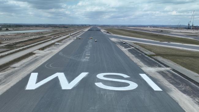 The runway at Western Sydney Airport has been painted with the official airport code WSI. Picture: Supplied