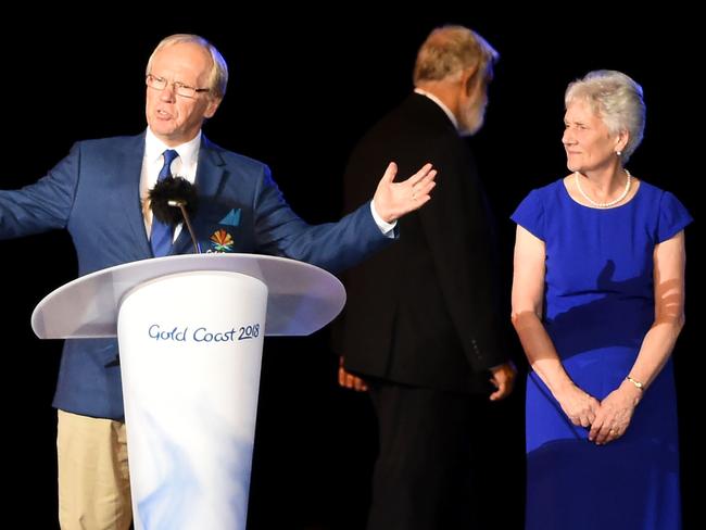 GOLDOC chairman Peter Beattie speaks next to the President of the Commonwealth Games Federation, Louise Martin, during the closing ceremony. Picture: AFP