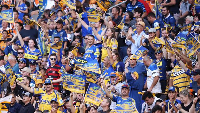 Eels supporters made up most of the 29,047 fans at Bankwest Stadium. Picture: Getty Images