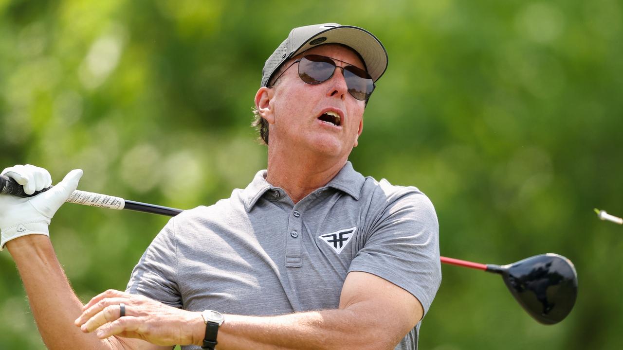 ROCHESTER, NEW YORK - MAY 19: Phil Mickelson of the United States plays his shot from the fourth tee during the second round of the 2023 PGA Championship at Oak Hill Country Club on May 19, 2023 in Rochester, New York. (Photo by Warren Little/Getty Images)