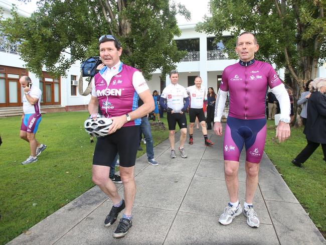 Job ID PD425220. The Prime Minister Tony Abbott launched the 2015 Pollie Pedal, with the Defence Minister Kevin Andrews at Old Parliament House in Canberra. Pic by Gary Ramage