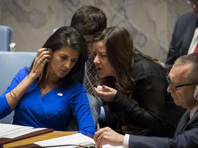 US Ambassador to the United Nations, Nikki Haley, confers with aides while she chairs a meeting of the United Nations Security Council. Picture: Drew Angerer/Getty Images/AFP