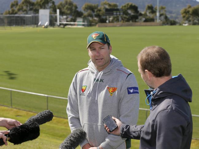 Adam Griffith speaks to the media at a training session at the Twin Ovals in Kingston. Picture: MATT THOMPSON