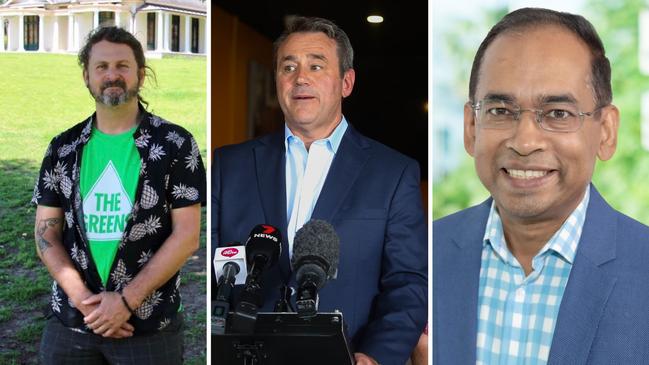 Rockdale candidates (L-R) The Greens Peter Strong, Labor MP Steve Kamper and Liberal Muhammad Rana in NSW election 2023.