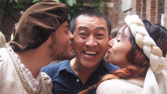 New experience ... Anh Does Italy host Anh Do with Romeo and Juliet. Picture: Channel 7.