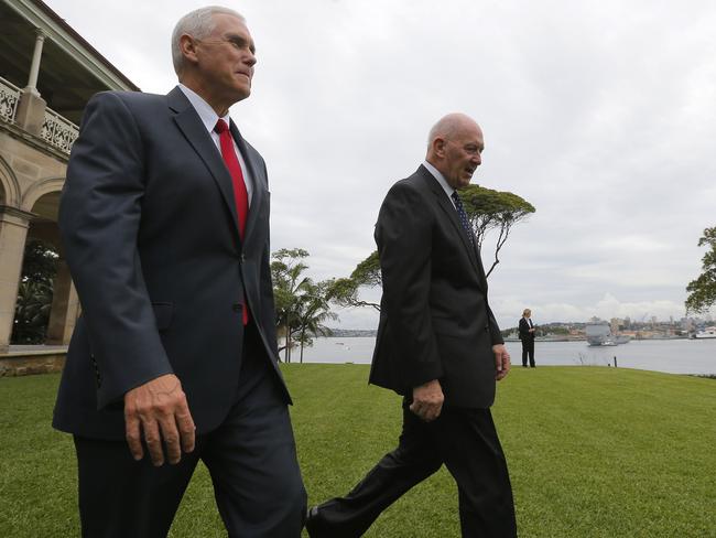 Peter Cosgrove with Mike Pence on the grounds of Admiralty House in Sydney.