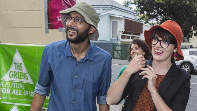 Greens Councillor Jonathan Sri with South Brisbane candidate Amy MacMahon. Picture: AAP