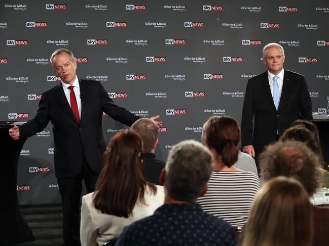 The Prime Minister Scott Morrison and the Opposition Leader Bill Shorten during the Sky News/Courier Mail People's Forum in Brisbane. Picture: Gary Ramage/News Corp Australia