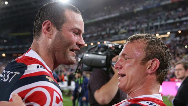 Boyd Cordner and Jake Friend celebrate their grand final victory. Picture: Brett Costello