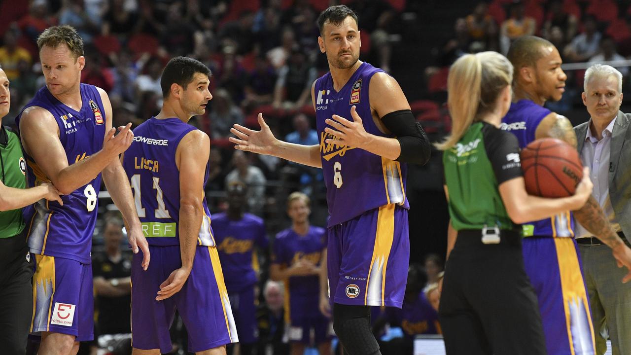 Andrew Bogut was in the thick of the action against Perth. Picture: AAP Images