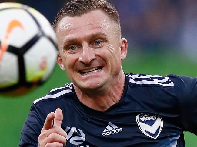 MELBOURNE, AUSTRALIA - JANUARY 13:  Besart Berisha of the Victory chases the ball during the round 16 A-League match between the Melbourne Victory and Perth Glory at AAMI Park on January 13, 2018 in Melbourne, Australia.  (Photo by Darrian Traynor/Getty Images)