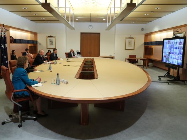 Scott Morrison takes part in a virtual G20 leaders summit meeting in March. Source: Adam Taylor/PMO