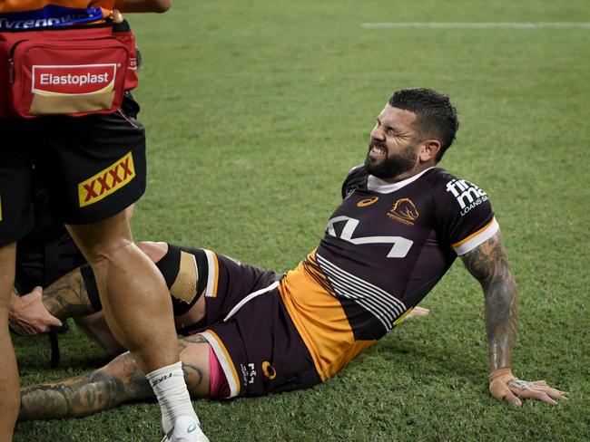 Broncos star Adam Reynolds failed to finish Friday's win over South Sydney after succumbing to a knee injury. Credit: NRL Images