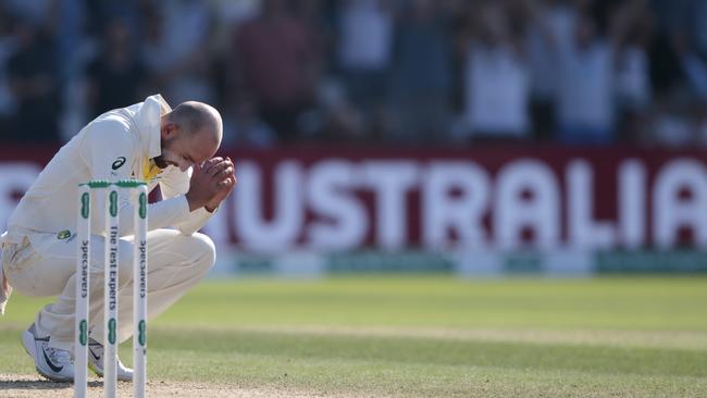 Nathan Lyon reacts after his third Test blunder. Picture: AP Photo