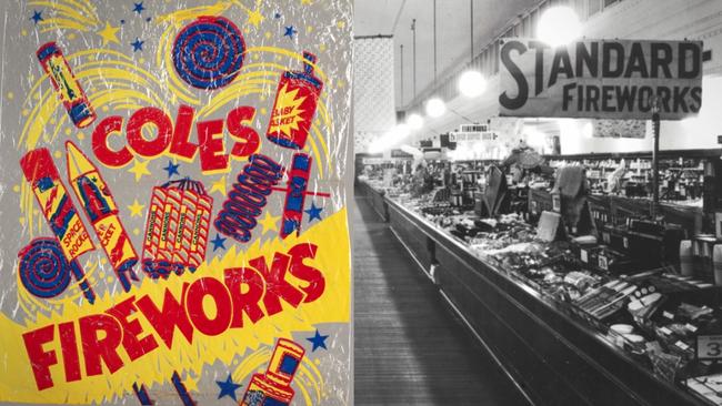 A Coles fireworks ad, and a Melb supermarket selling fireworks, 1950. Pictures: Trove