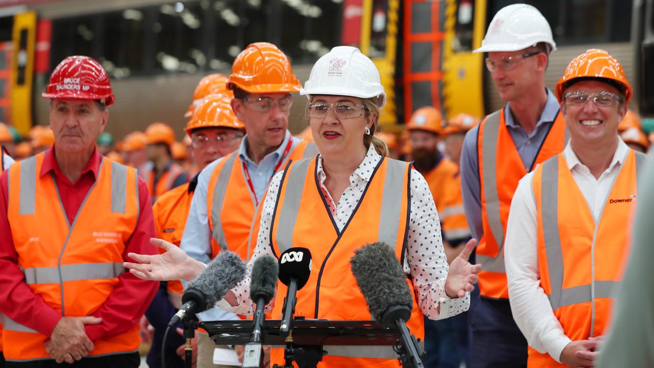 Premier Annastacia Palaszczuk announces the then $7.1 billion Queensland Train Manufacturing Program with (from left) Member for Maryborough Bruce Saunders, Treasurer Cameron Dick, Transport Minister Mark Bailey and State Development Minister Steven Miles.