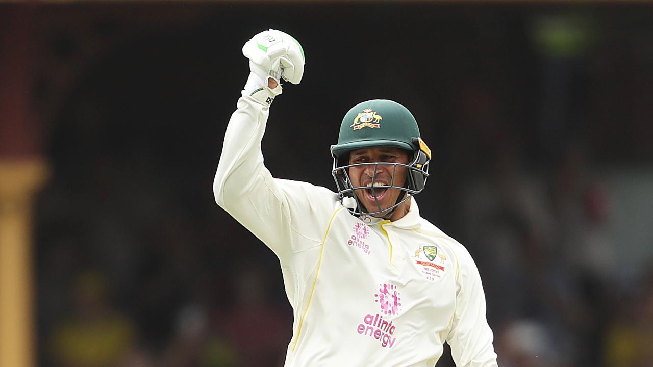 SYDNEY, AUSTRALIA - JANUARY 06: Usman Khawaja of Australia celebrates after hitting a century during day two of the Fourth Test Match in the Ashes series between Australia and England at Sydney Cricket Ground on January 06, 2022 in Sydney, Australia. (Photo by Mark Metcalfe - CA/Cricket Australia via Getty Images)